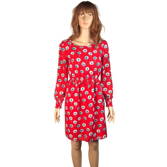 J. Crew Red Dandelion Floral Print Smocked Long Sleeve Round Neck Preppy Dress 0 - Picture 5 of 12
